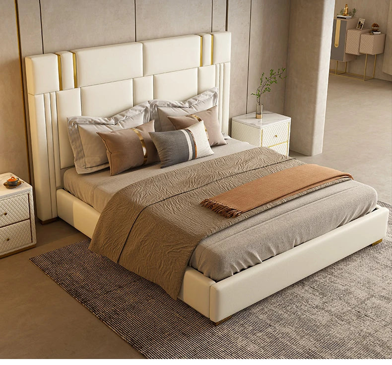 Modern light luxury furniture leather bed bedroom comfortable stainless steel soft backing bed with double bed