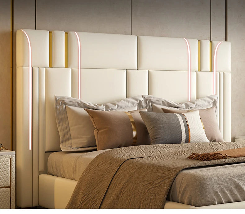 Modern light luxury furniture leather bed bedroom comfortable stainless steel soft backing bed with double bed