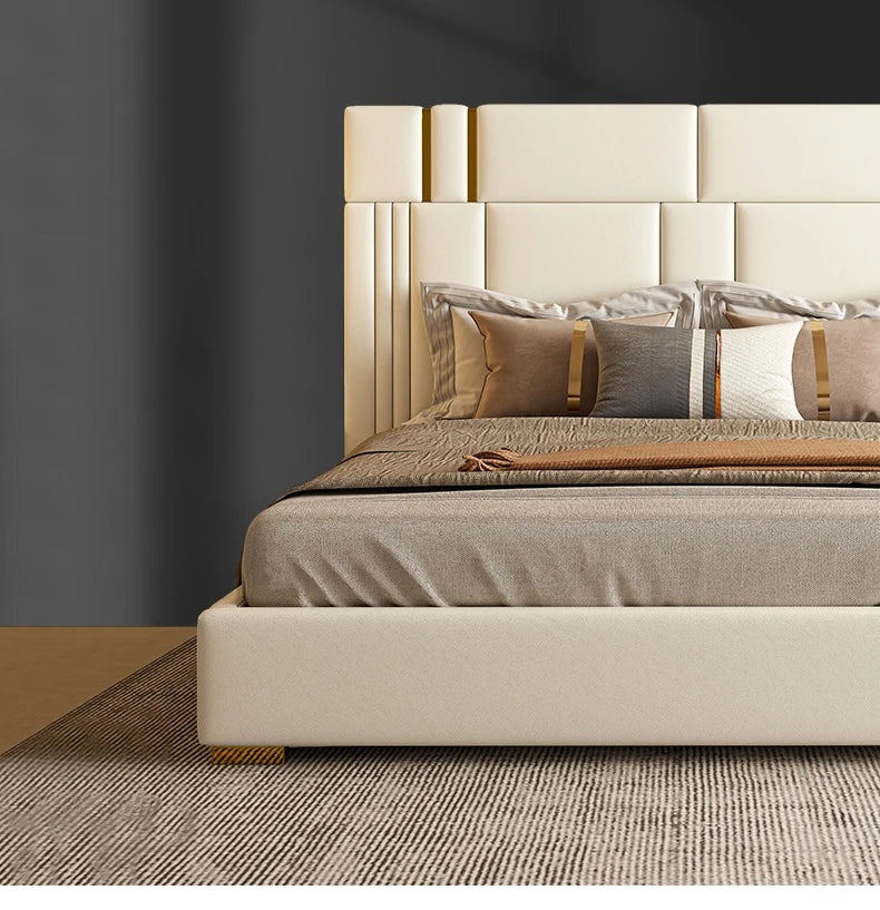 Modern light luxury furniture leather bed bedroom comfortable stainless steel soft backing bed with double bed