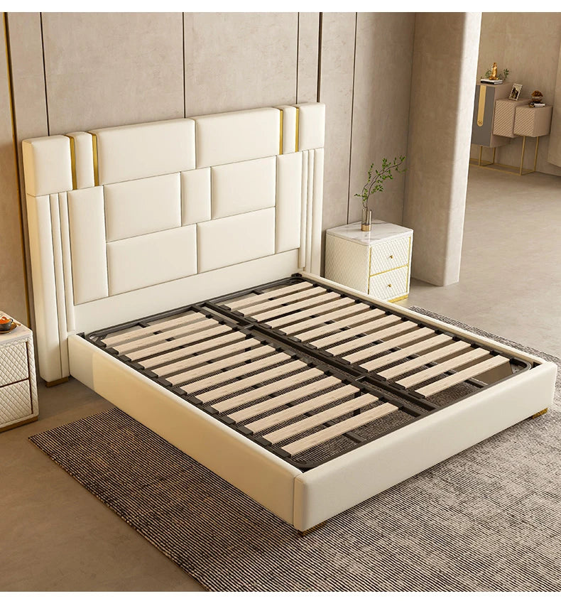 Modern light luxury furniture leather bed bedroom comfortable stainless steel soft backing bed with double bed