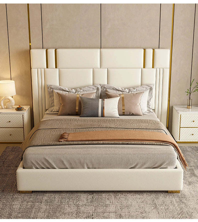 Modern light luxury furniture leather bed bedroom comfortable stainless steel soft backing bed with double bed