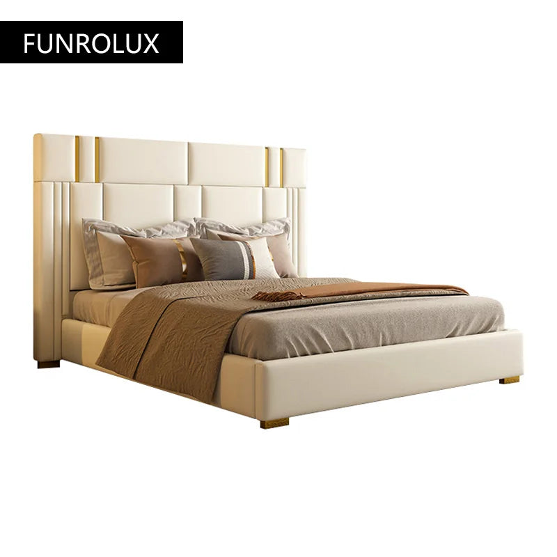 Modern light luxury furniture leather bed bedroom comfortable stainless steel soft backing bed with double bed