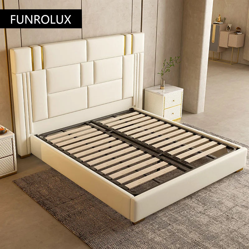 Modern light luxury furniture leather bed bedroom comfortable stainless steel soft backing bed with double bed