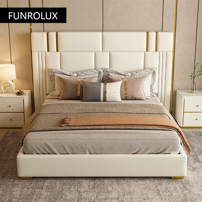 Modern light luxury furniture leather bed bedroom comfortable stainless steel soft backing bed with double bed