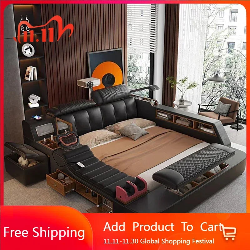 Modern Double Bed Girls Design Smart Bedroom Queen King Size Bed Beauty Sleeping Princess Leather Cama Lounge Suite Furniture