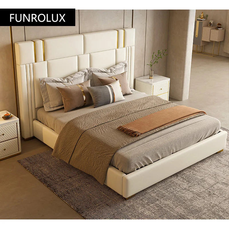 Modern light luxury furniture leather bed bedroom comfortable stainless steel soft backing bed with double bed