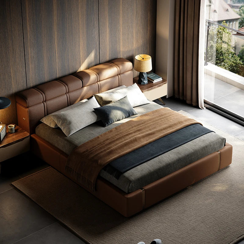 Leather French Bed Headboard Vintage Aesthetic King Size Bed Lounge Luxury Camas De Matrimonio Dormitorio Bedroom Furniture