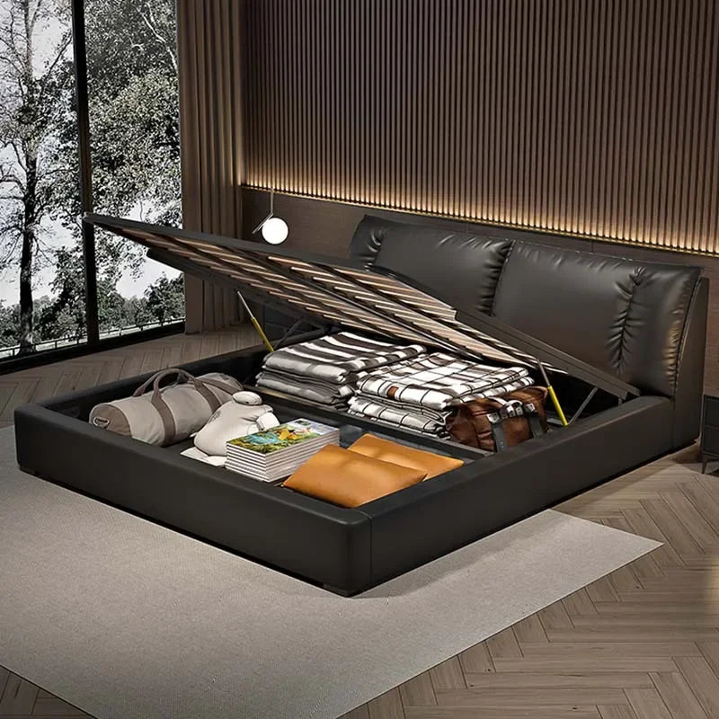 Modern Bedroom Bed Nordic Aesthetic Leather Multifunctional Queen Size Bed Storage Wood Cama De Matrimonio Home Furniture